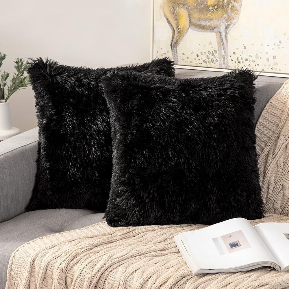 2587 Pack of 2 Black Throw Pillow Covers Luxury Fluffy Pillows Faux Fur